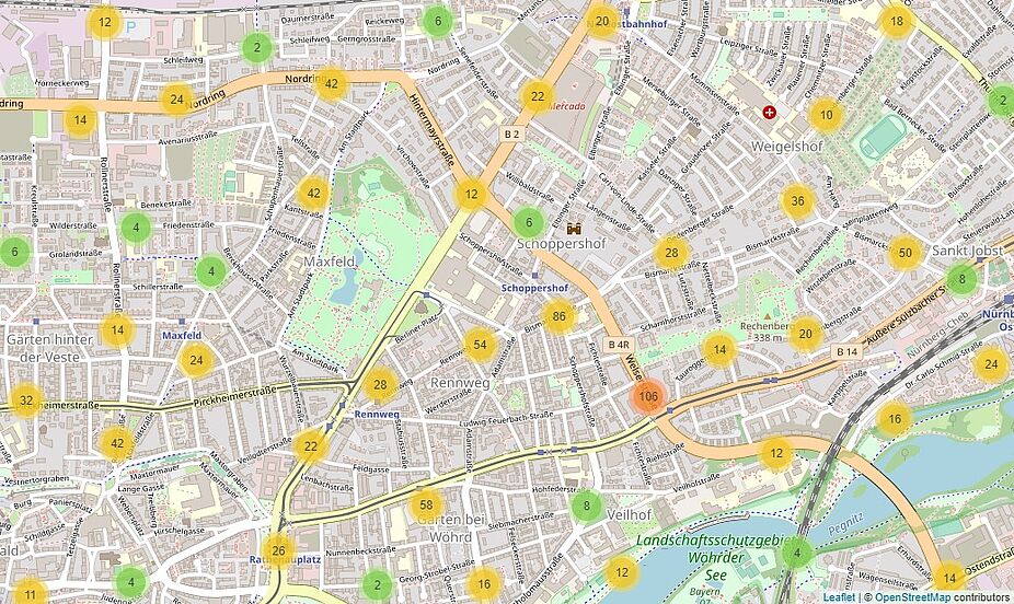 SimRa - Karte für Nürnberg herangezoomt SimRa - Karte für Nürnberg herangezoomt